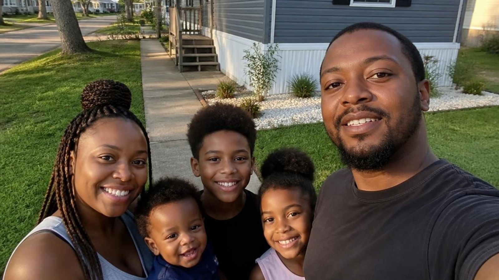 A family in front of their manufactured home