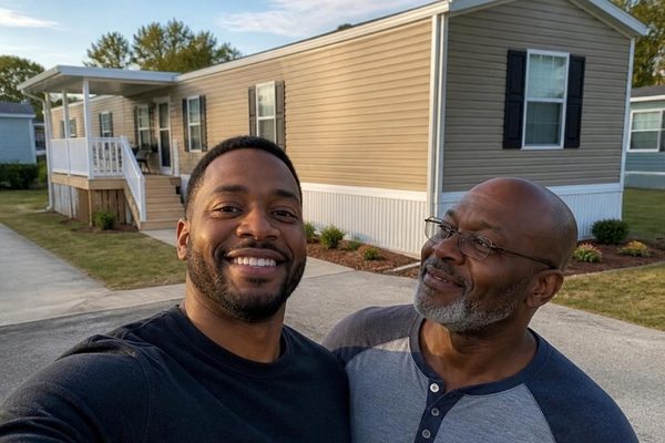 Two men smiling in the driveway of a manufactured home